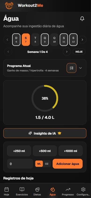 Hydration screen showing a daily water goal and quick logging controls