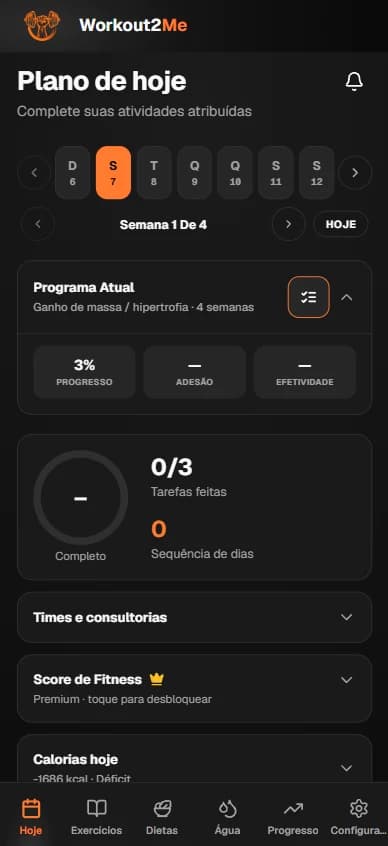 Workout2Me client app showing today's plan and weekly program