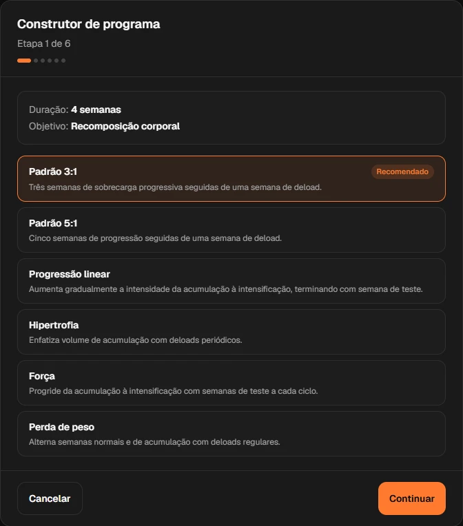Guided program builder with periodization templates and deload cycles